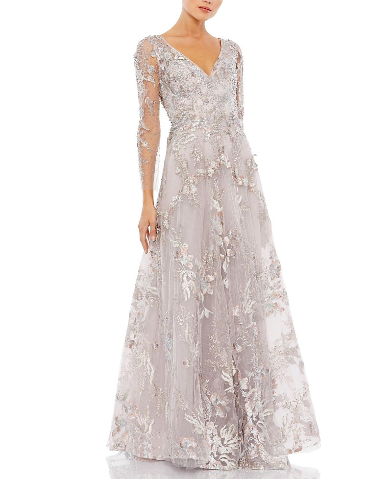 Mac Duggal Embroidered Lace Gown In Vintage Lilac