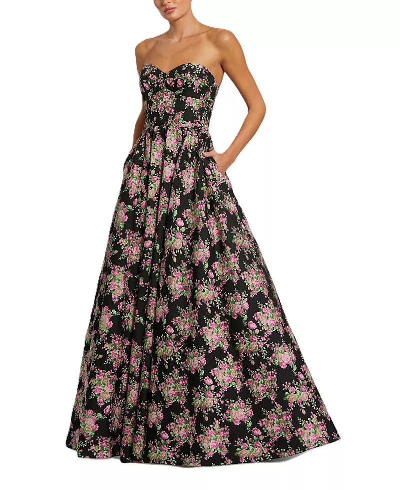 Mac Duggal Strapless Sweetheart Brocade Floral A Line Gown