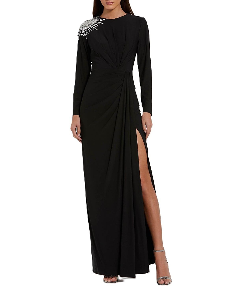 Mac Duggal Jersey Long Sleeve Weap Gown With Beaded Shoulder In Black