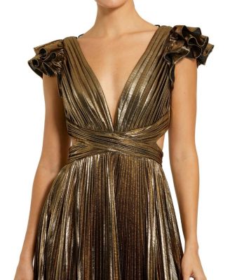 Ruffle Sleeve Cutout Pleated Metallic Gown