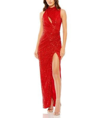 Mac Duggal Sleeveless High Neck Gathered Waist Sequin Gown
