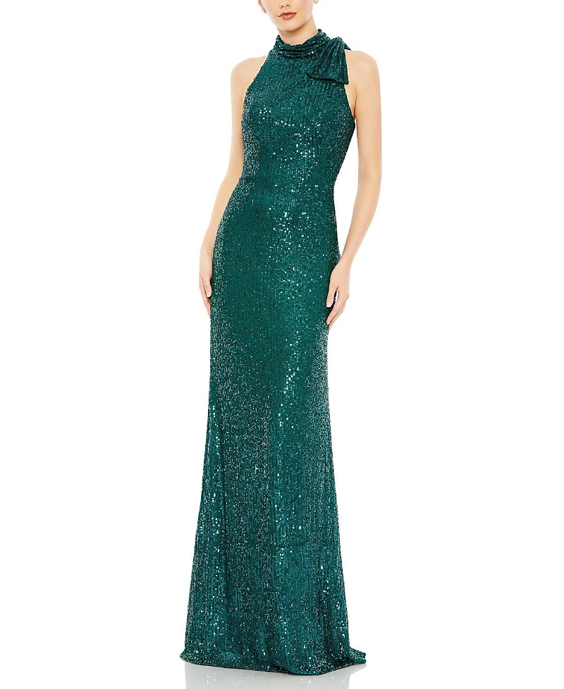 Mac Duggal Sequined Soft Tie Halter Neck Column Gown
