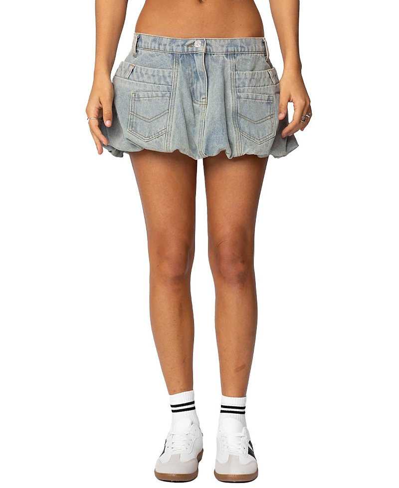 Edikted Jodi Denim Bubble Mini Skirt In Blue Washed
