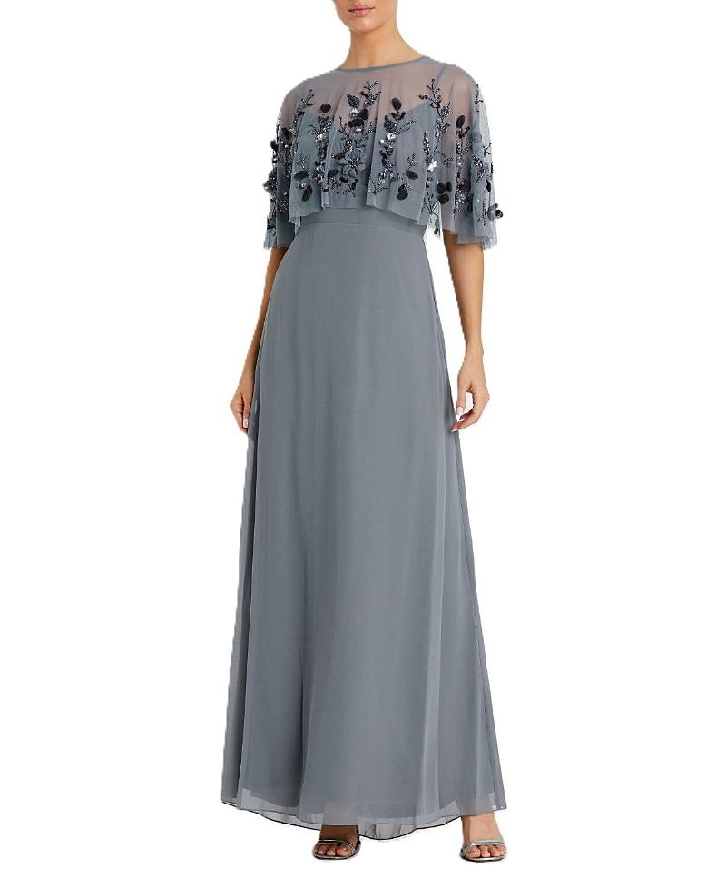 Mac Duggal Sleeveless Gown With Embellished Cape In Slate Blue