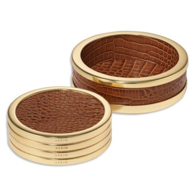 Classic Croc Embossed Leather Coasters in Chestnut, Set of 4