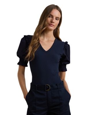 Ralph Lauren - Rib Knit Cotton Blend Puff Sleeve Top
