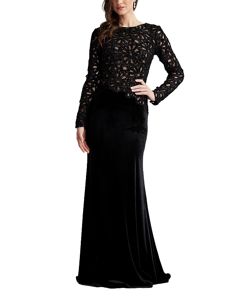 Tadashi Shoji Sequin Lace Bodice Long Sleeve Velvet Gown In Black/nude