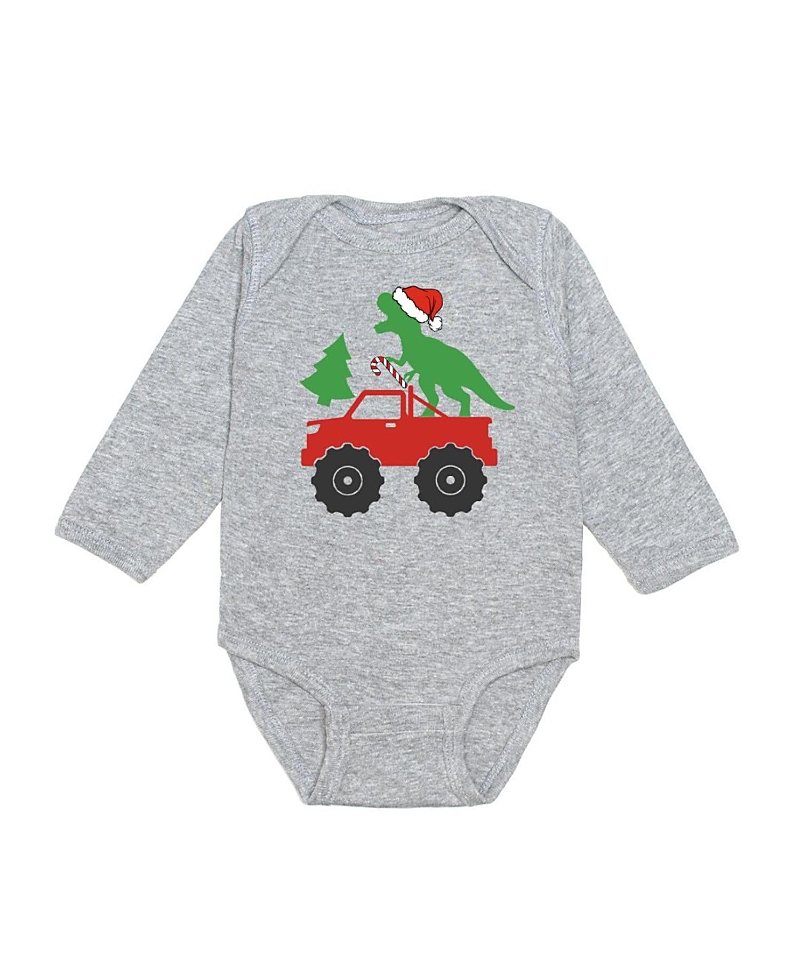 Sweet Wink Boys' Santa Dino Monster Truck Christmas Long Sleeve Bodysuit - Baby In Gray