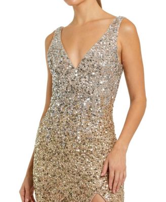 Sequined Sleeveless V Neck Side Slit Gown