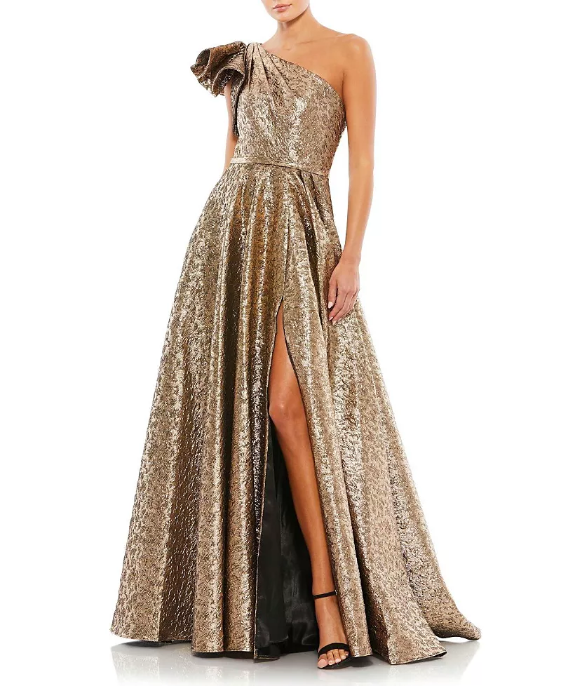 Mac Duggal One-Shoulder Metallic Ballgown