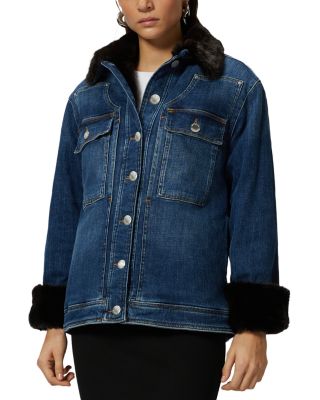 PINKO - Faux Fur Trim Denim Overshirt Jacket