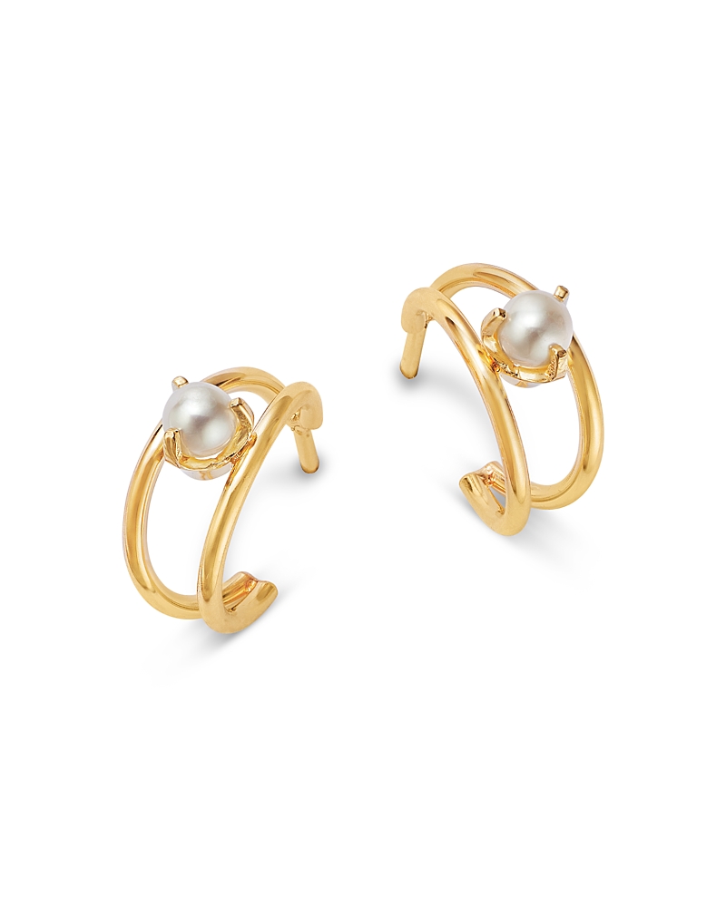 Zoë Chicco 14k Yellow Gold Nested Prong Cultured Freshwater Pearl Double Wire Hoop Earrings In White/gold
