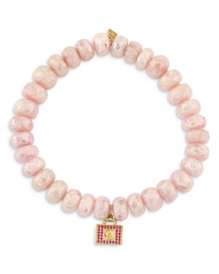 Wicked x Sydney Evan 14K Yellow Gold Glinda Luggage Charm Pink Beaded Bracelet