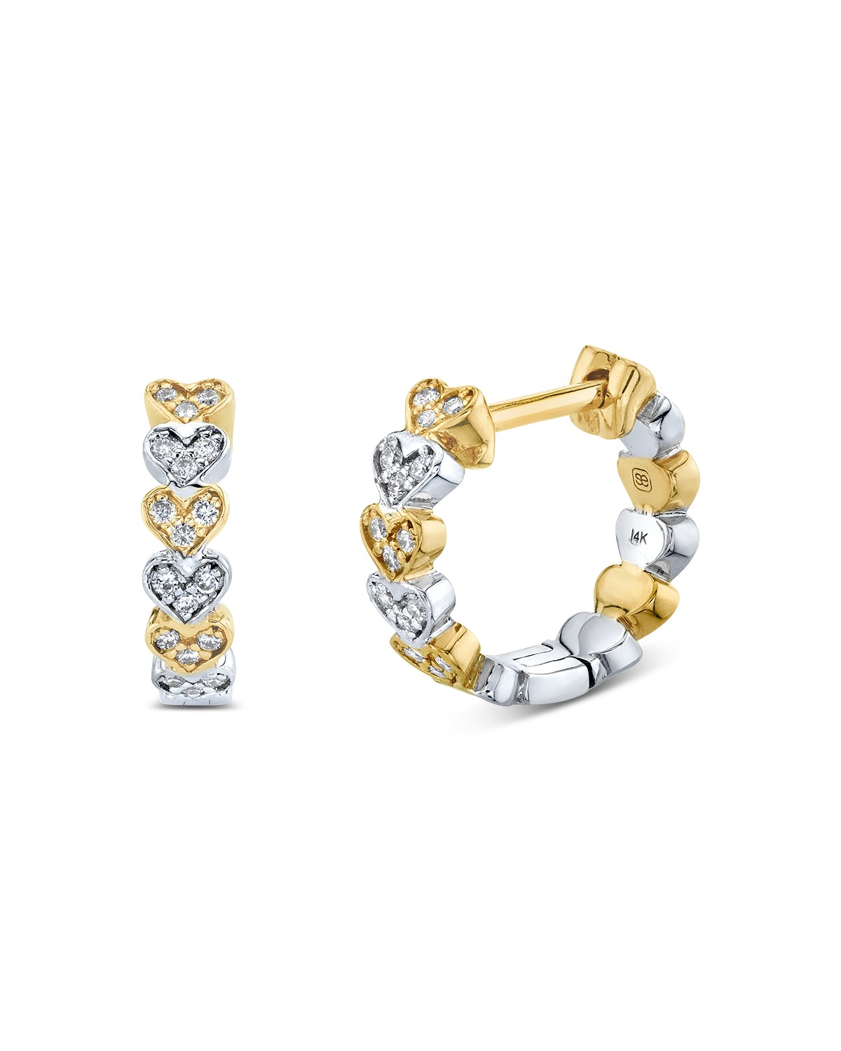 Two Tone Gold Diamond Heart Eternity Huggie Hoop Earrings