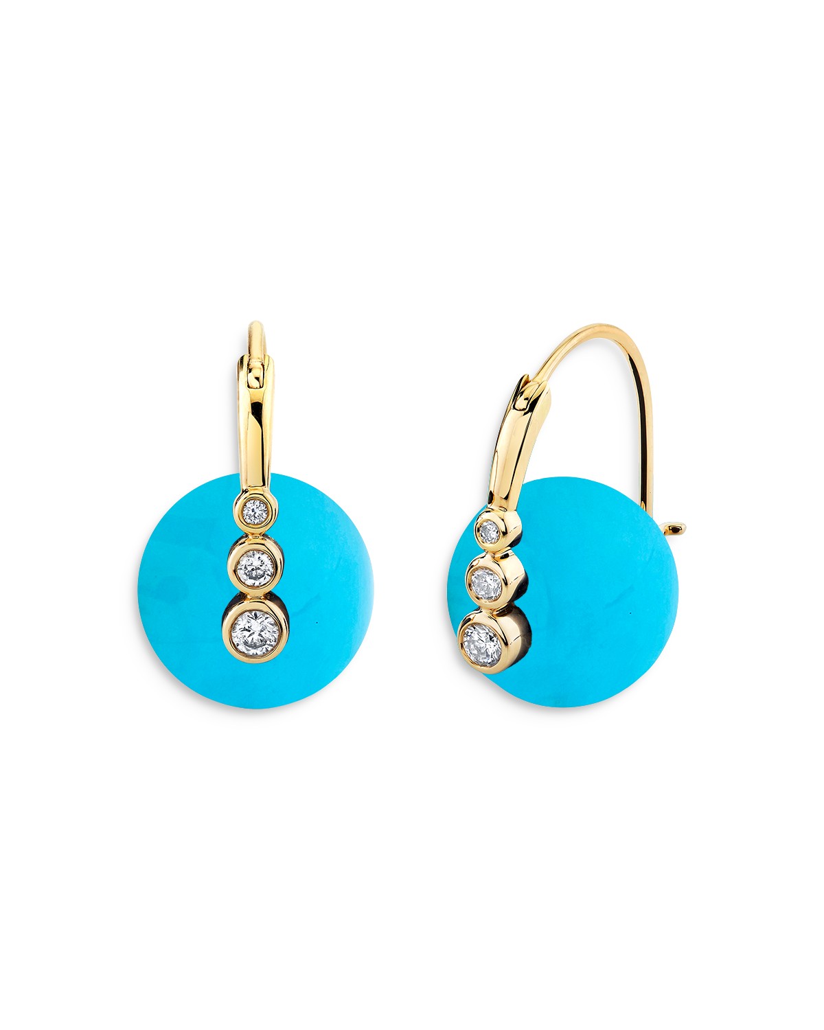 14K Yellow Gold Turquoise & Diamond Hoop Earrings