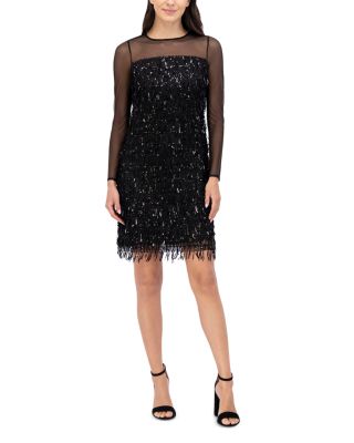 Illusion Sequin Fringe Shift Dress