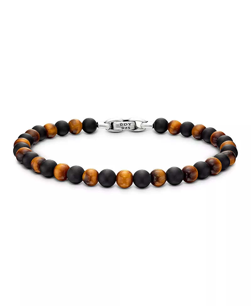 David Yurman Men's Spiritual Beads Alternating Bracelet in Sterling Silver with Black Onyx and Tigers Eye, 6mm