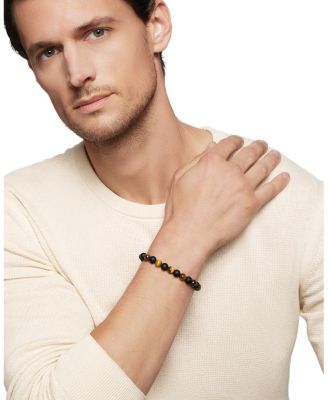 Men's Spiritual Beads Alternating Bracelet in Sterling Silver with Tigers Eye and Black Onyx, 8mm