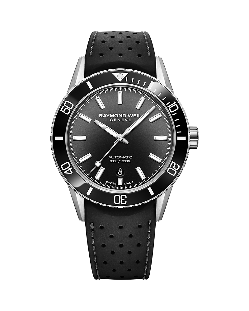 Raymond Weil Men's Swiss Automatic Freelancer Diver Black Perforated Rubber Strap Watch 43mm In Black/black