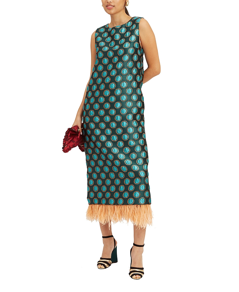 La Doublej Jacquard Column Dress With Feather Trim In Jacquard Winter Sun Emerald