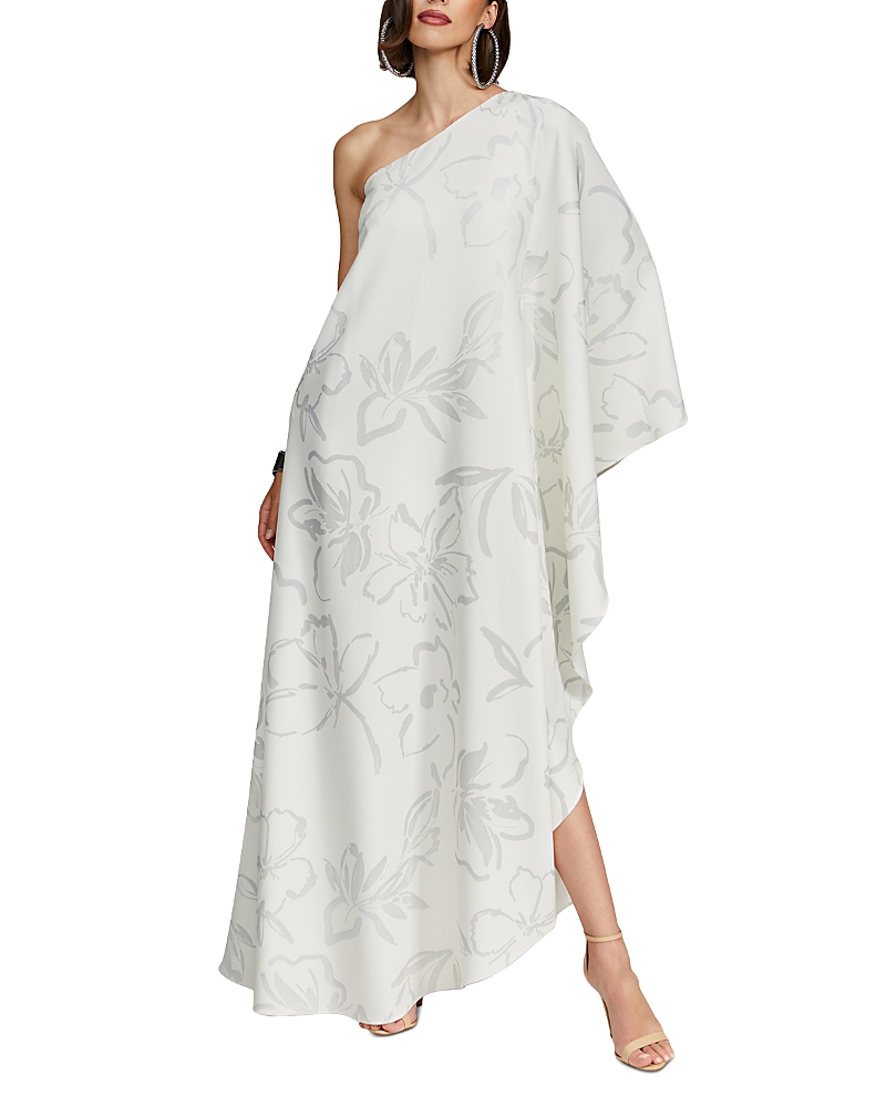 Halston Nevean One-shoulder Foil Crepe Caftan In Inked Floral