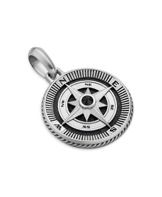Men's Sterling Silver Maritime Compass Amulet with Black Diamond 