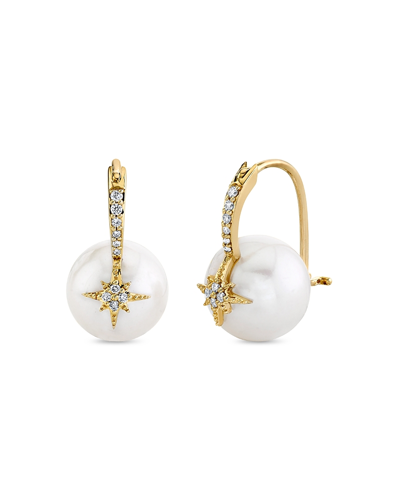 Sydney Evan 14k Yellow Gold Freshwater Pearl & Diamond Pave Starburst Bead Earrings, 0.09 Ct. T. W. In White/gold
