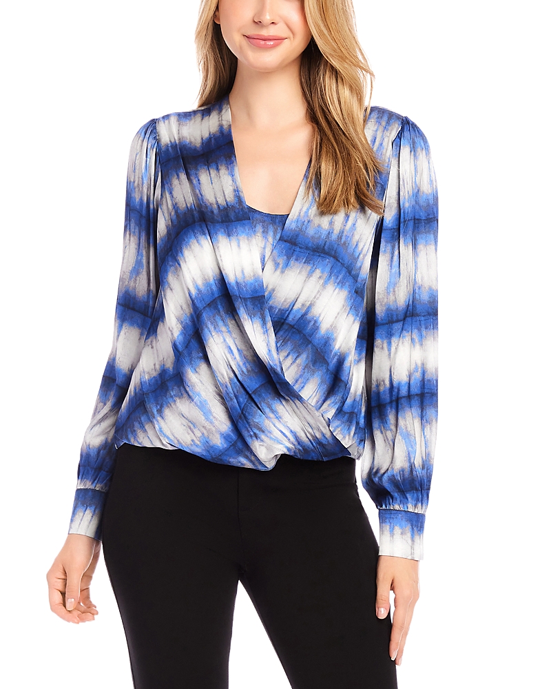Karen Kane Tie Dye Drape Front Satin Top In Print