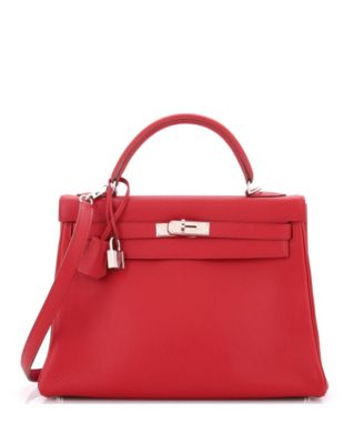 Pre-Owned Hermes Kelly 32 Handbag Red Togo with Palladium Hardware