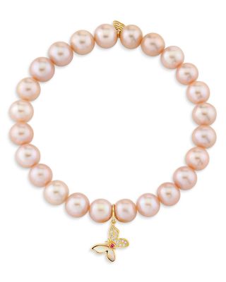 Wicked x Sydney Evan 14K Yellow Gold Diamond Glinda Butterfly Charm Freshwater Rose Pearl Stretch Bracelet 