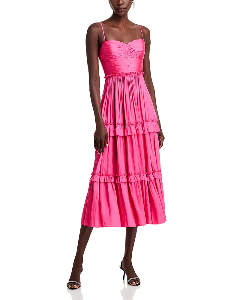 AQUA RUCHED RUFFLED MIDI DRESS - EXCLUSIVE