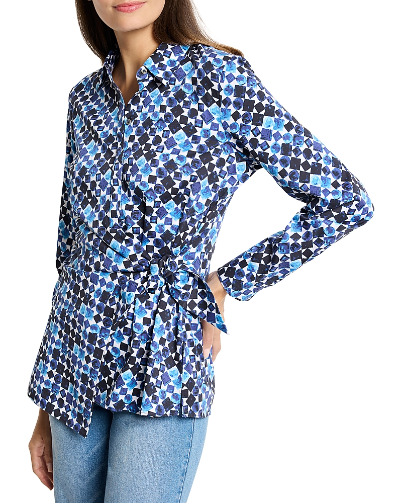 Nic + Zoe Nic+zoe Baubles Side Tie Stretch Cotton Shirt In Blue Multi