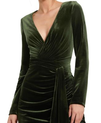 【Mac Duggal】Deep V High Slit Draped Velvet Fitted Gown Mac Duggal Long Sleeve Deep V Draped Velvet Gown