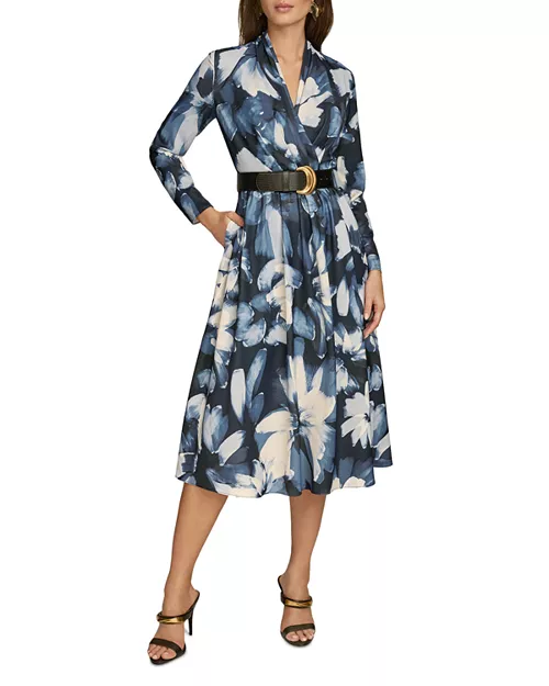 belted long sleeve midi satin dress
