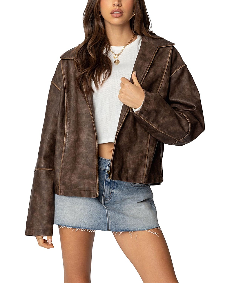 Edikted Oversized Washed Faux Leather Jacket In Brown