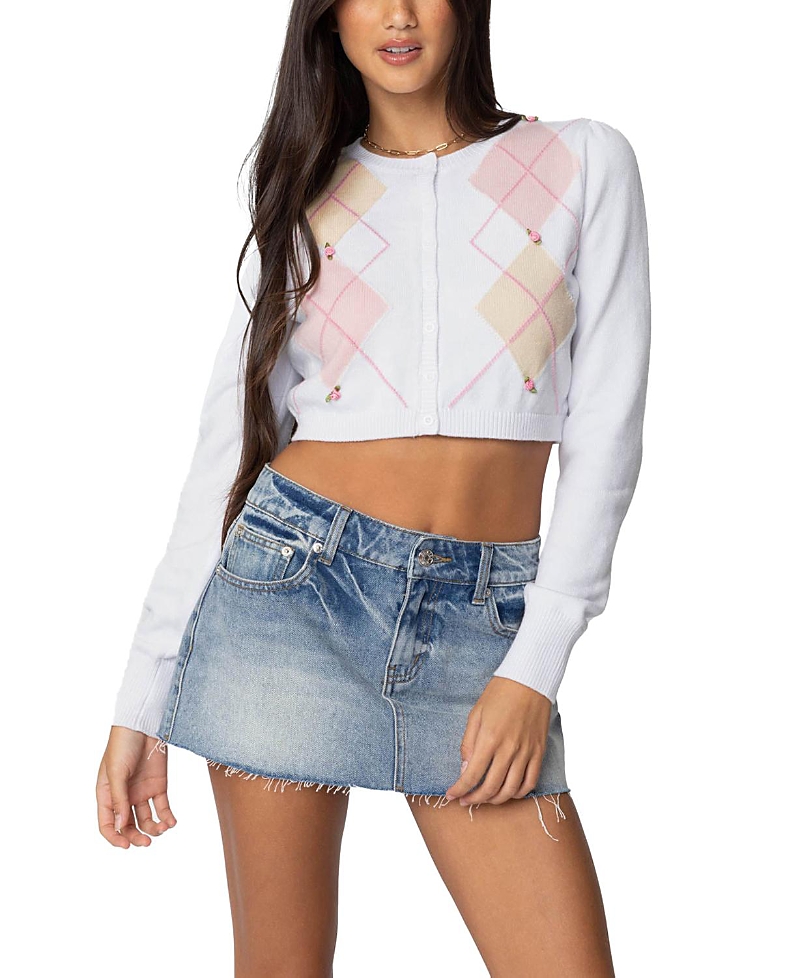 Edikted Francis Argyle Crop Cardigan In White