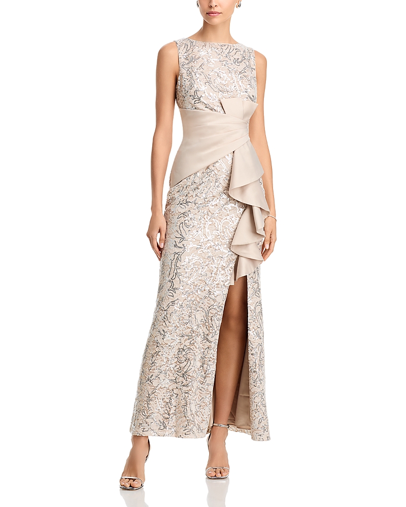 Eliza J Sleeveless Ruffle Gown In Champagne