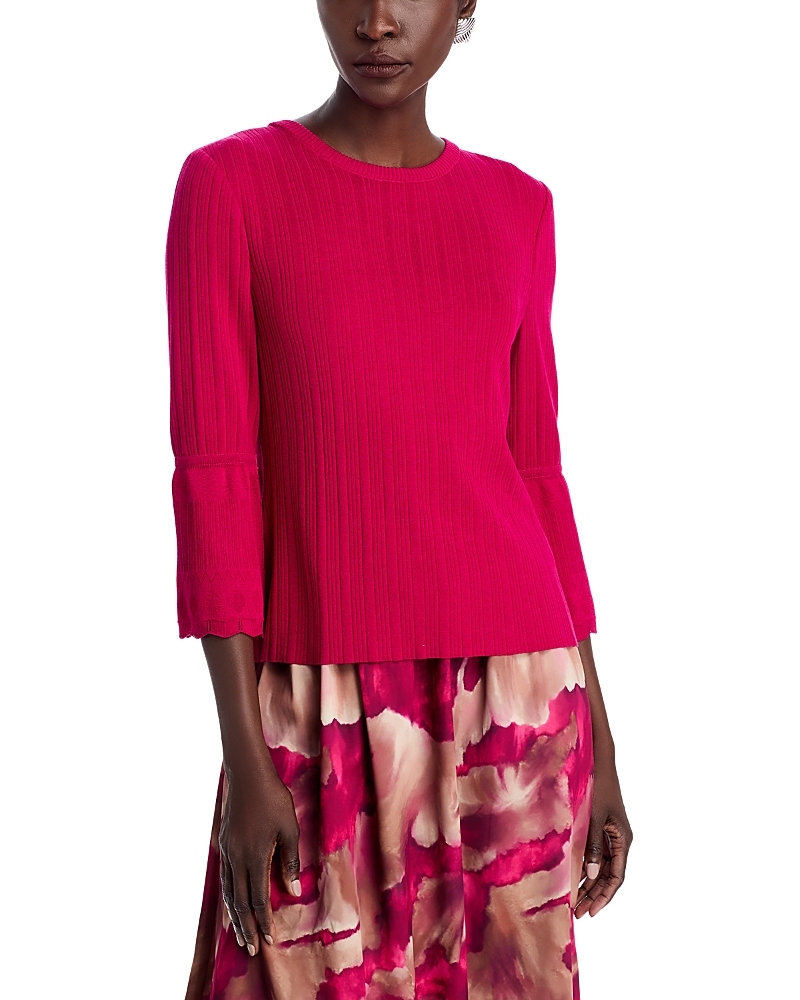 Misook Tonal Ribbed Knit Bell-sleeve Top - Heritage Fit In Pink Flash