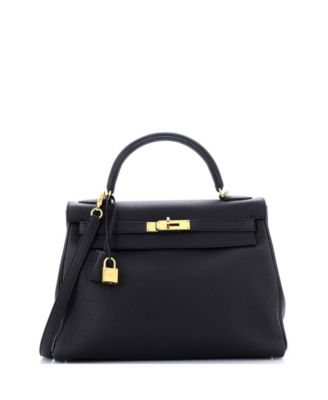 Pre-Owned Hermes Kelly 32 Handbag Black Clemence with Gold Hardware