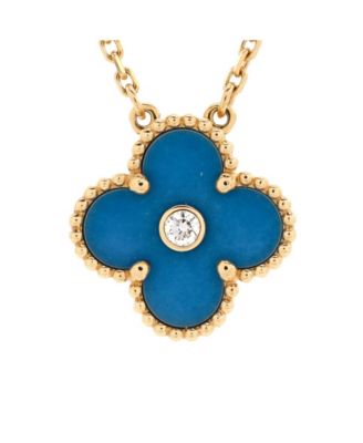 Pre-Owned Van Cleef & Arpels Vintage Alhambra Pendant Necklace 18K Gold and Blue Sevres Porcelain with Diamond