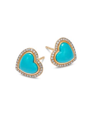 Turquoise & Diamond Heart Stud Earrings in 14K Yellow Gold