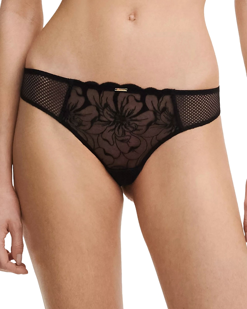 Chantelle Fleurs Embroidered Tulle And Mesh Thong In Black