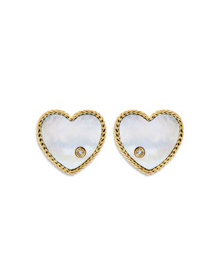 9K Yellow Gold Paire de Baby Puces Coeur Nacre Mother of Pearl & Diamond Heart Stud Earrings