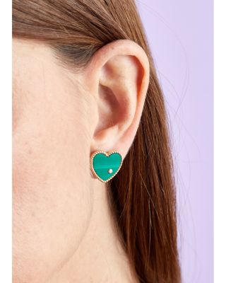 9K Yellow Gold Paire de Baby Puces Coeur Malachite & Diamond Heart Stud Earrings