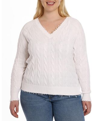 Plus size Cotton Frayed Cable Long Sleeve V Neck Sweater Top