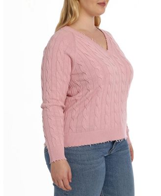 Plus size Cotton Frayed Cable Long Sleeve V Neck Sweater Top