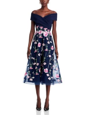 Crepe Off-the-Shoulder Embroidered Tulle Dress