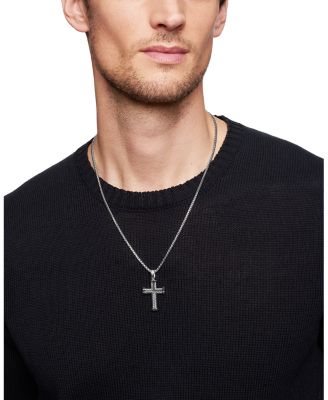 Men&#39;s Chevron Cross Pendant in Sterling Silver with Black Diamonds, 33.5mm