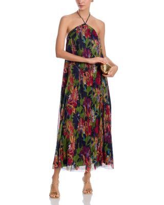 AQUA - Metallic Knit Pleat Floral Halter Midi Dress - Exclusive