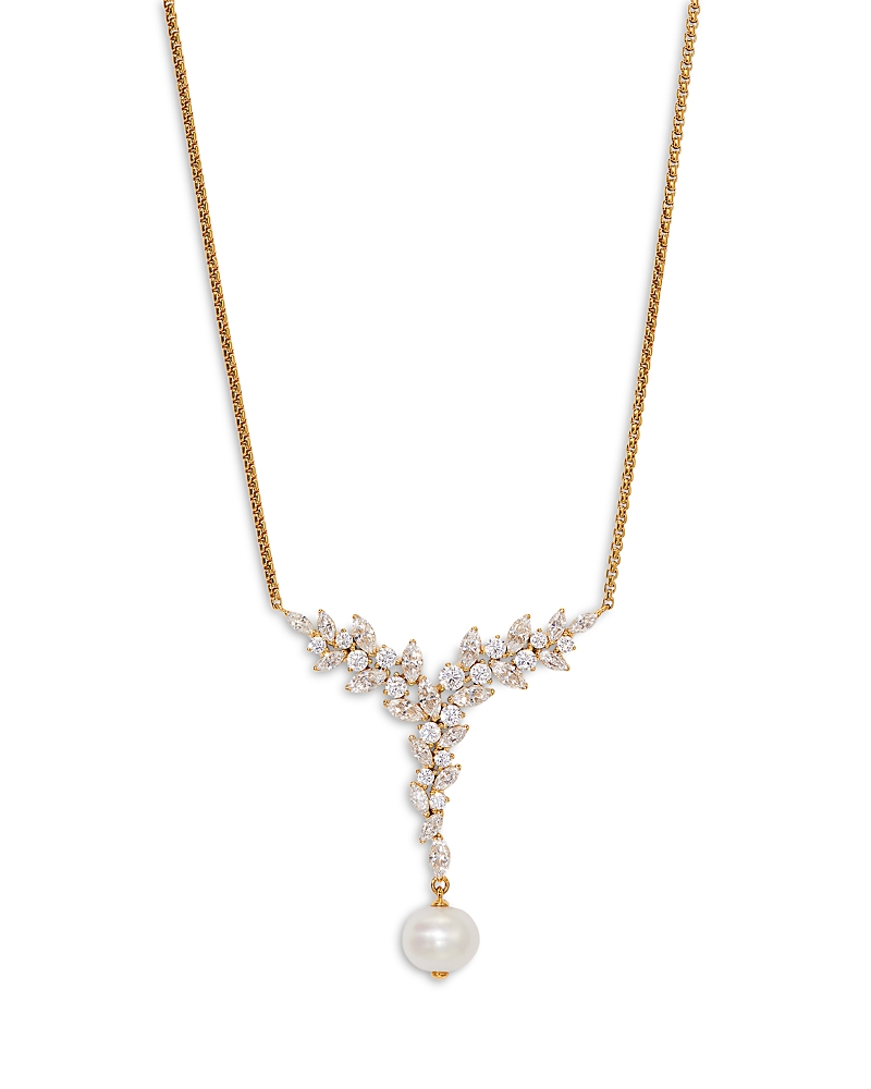 NADRI SAV CUBIC ZIRCONIA CLUSTER & CULTURED FRESHWATER PEARL LARIAT NECKLACE IN 18K GOLD PLATED, 16-18
